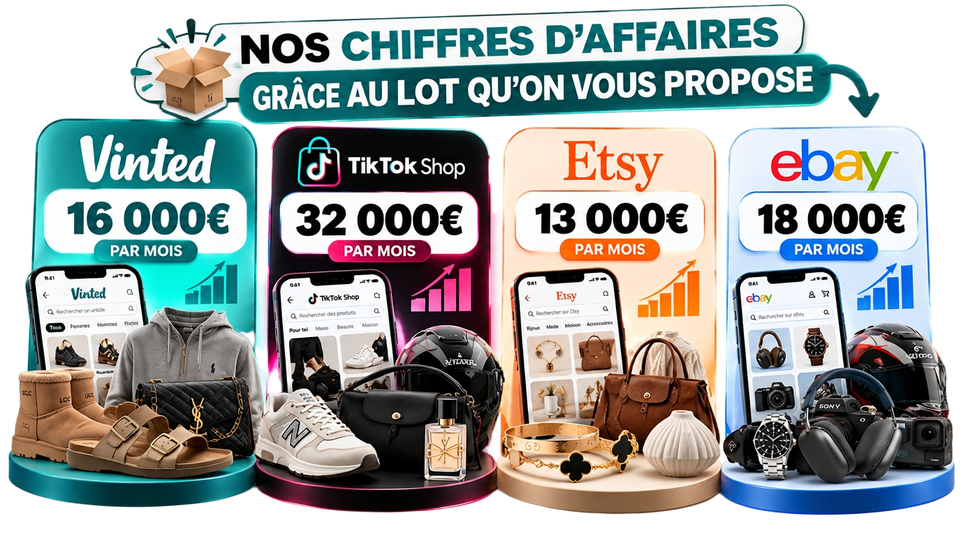 Chiffres d'affaires mensuels réalisés sur Vinted, TikTok Shop, Etsy et eBay grâce aux lots proposés