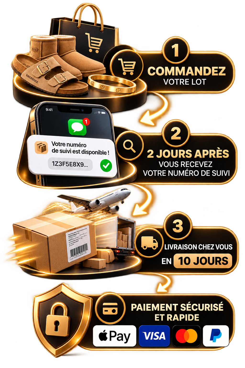 Parcours de commande : achat sécurisé, suivi reçu sous deux jours et livraison à domicile en dix jours