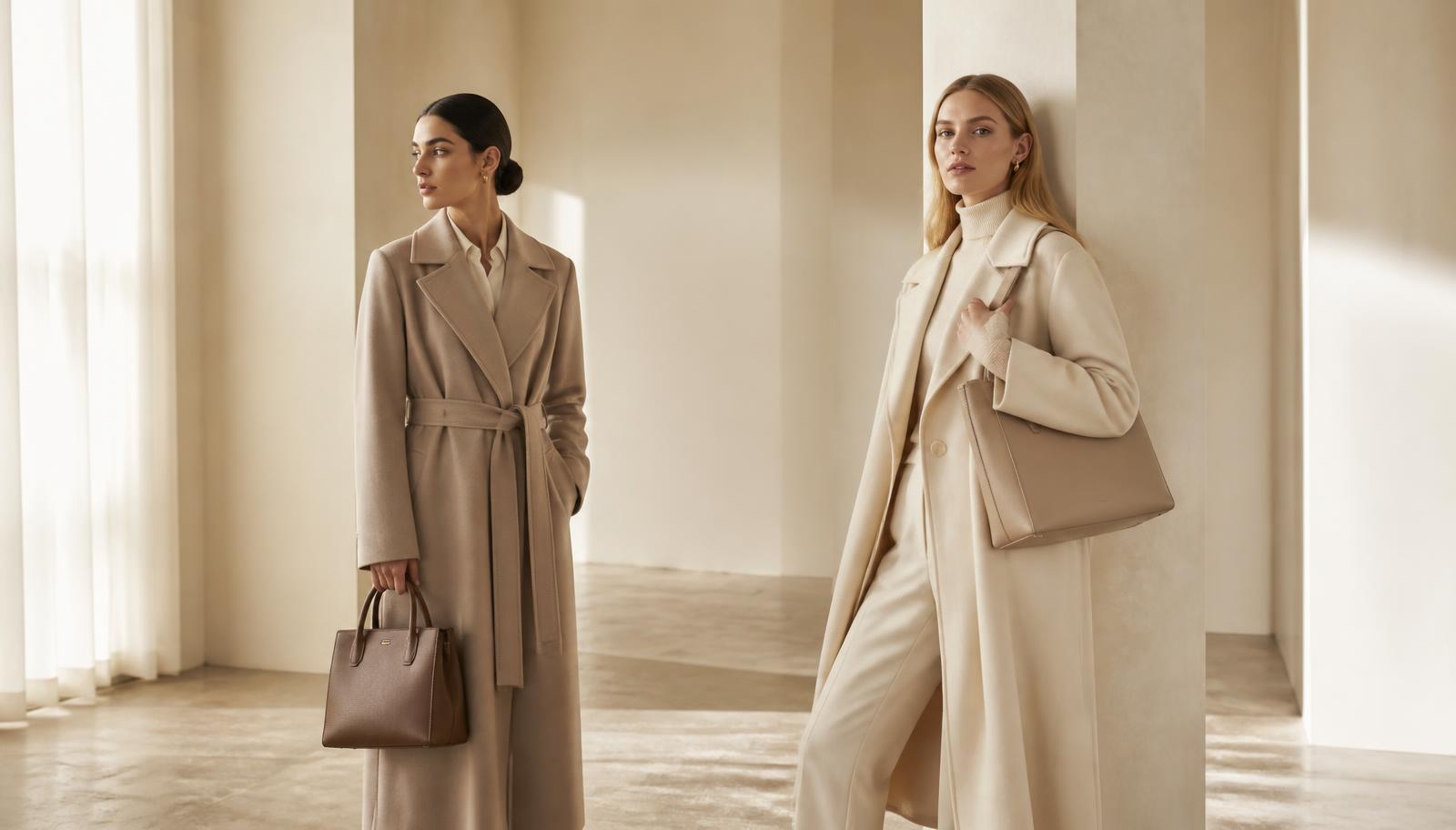 Deux mannequins en manteaux clairs avec des sacs en cuir